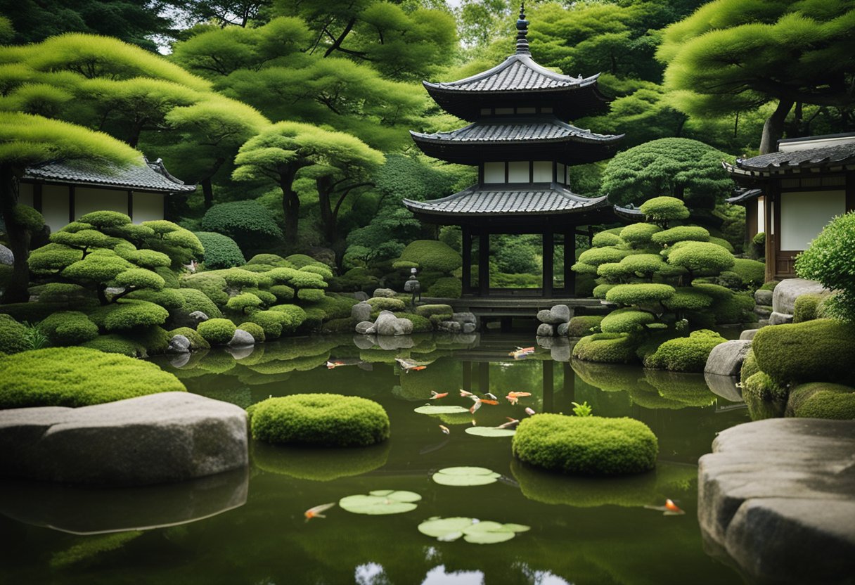 Lush greenery surrounds a tranquil pond with koi fish. Stone lanterns and carefully raked gravel paths create a sense of harmony and balance in the serene Samurai Gardens of Japan