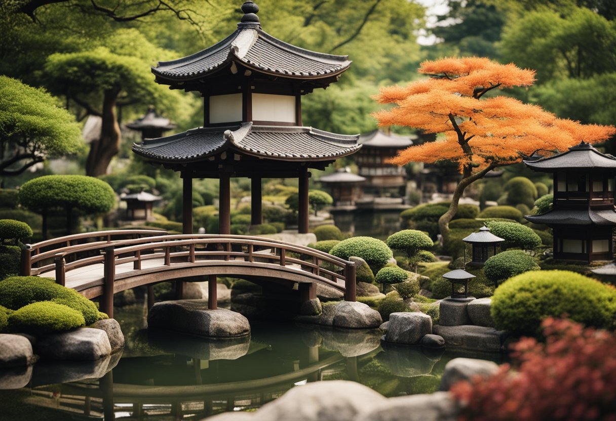 A traditional Japanese garden with stone lanterns, wooden bridges, and a pagoda surrounded by carefully pruned trees and a tranquil koi pond