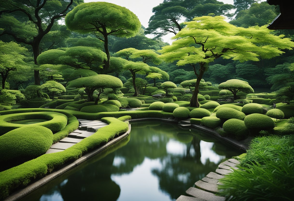 Lush greenery, tranquil ponds, and winding paths in the Samurai Gardens of Japan. The natural world is celebrated through carefully manicured landscapes and serene water features