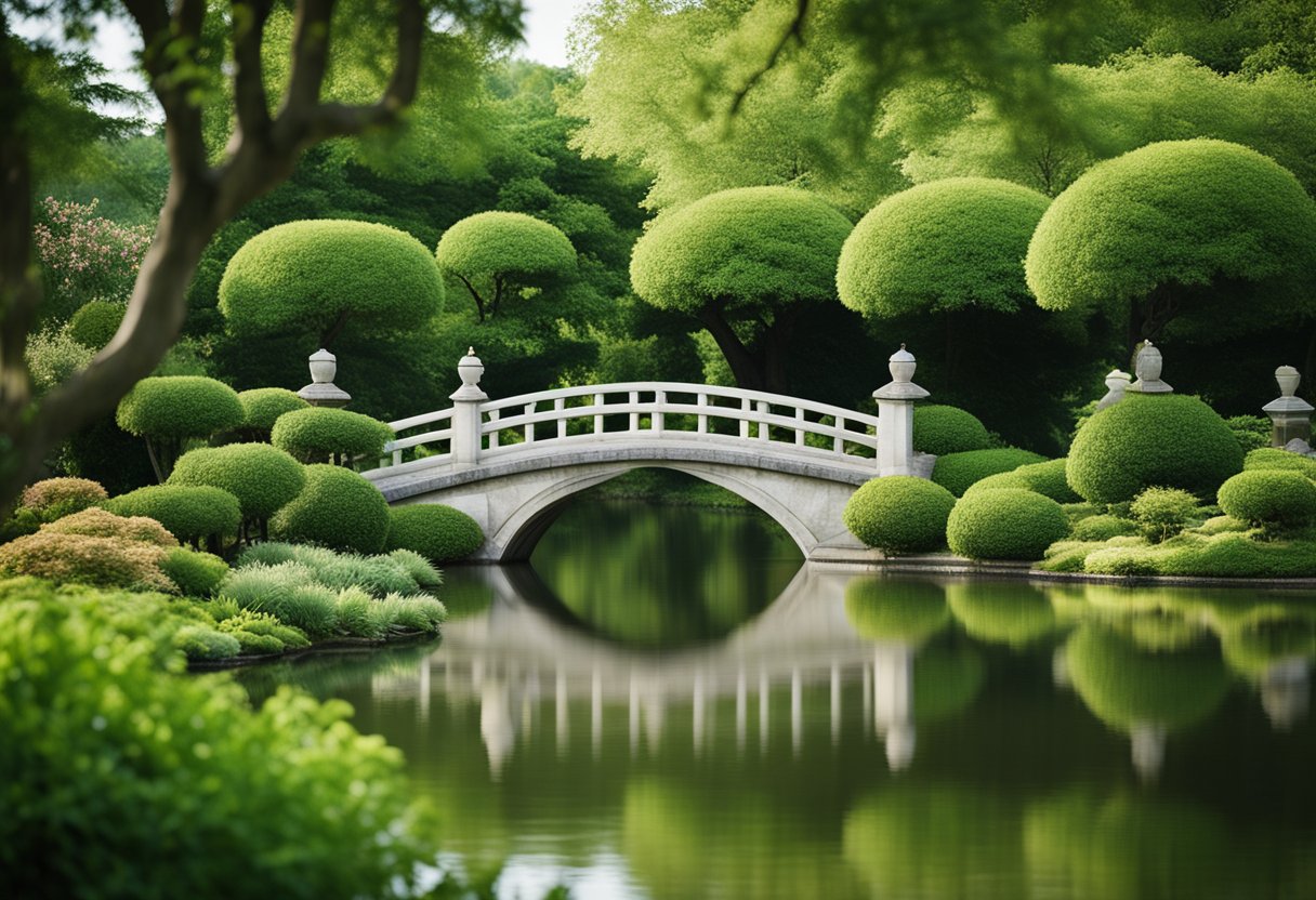 Lush greenery surrounds a tranquil pond with a traditional arched bridge. Stone lanterns and meticulously pruned trees evoke a sense of harmony and timeless beauty