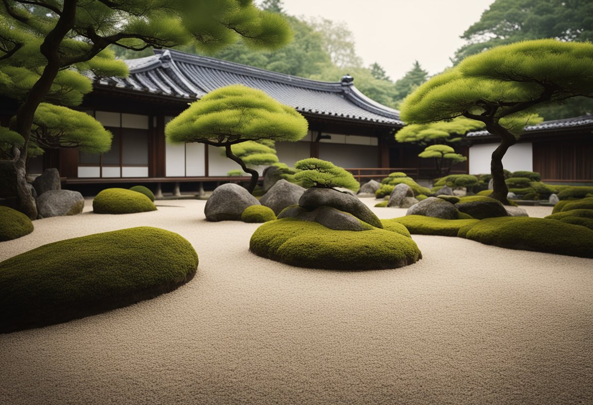 A serene Japanese garden with carefully raked gravel, asymmetrical rock formations, and meticulously pruned trees, reflecting the harmony and simplicity of Samurai philosophy