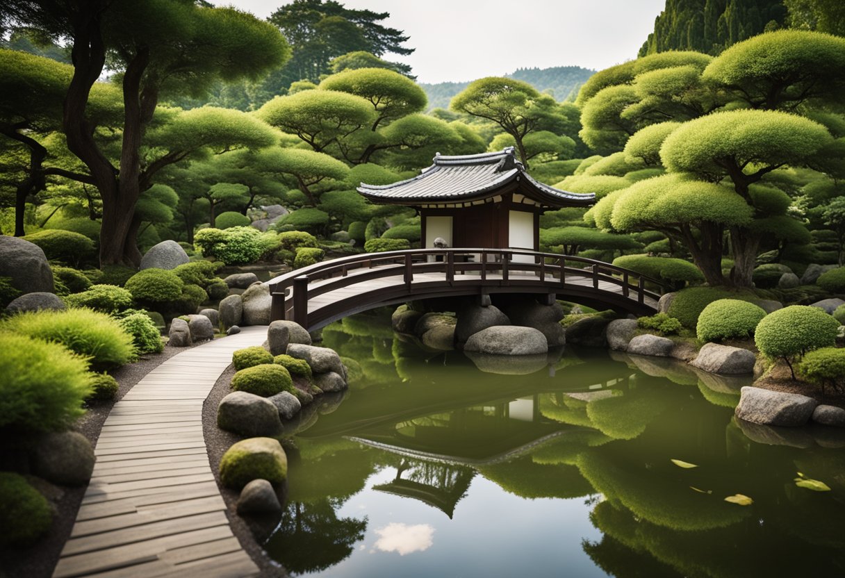 Lush greenery surrounds a tranquil pond, with meticulously raked gravel paths leading to a traditional Japanese tea house. A stone lantern and wooden bridge add to the serene atmosphere