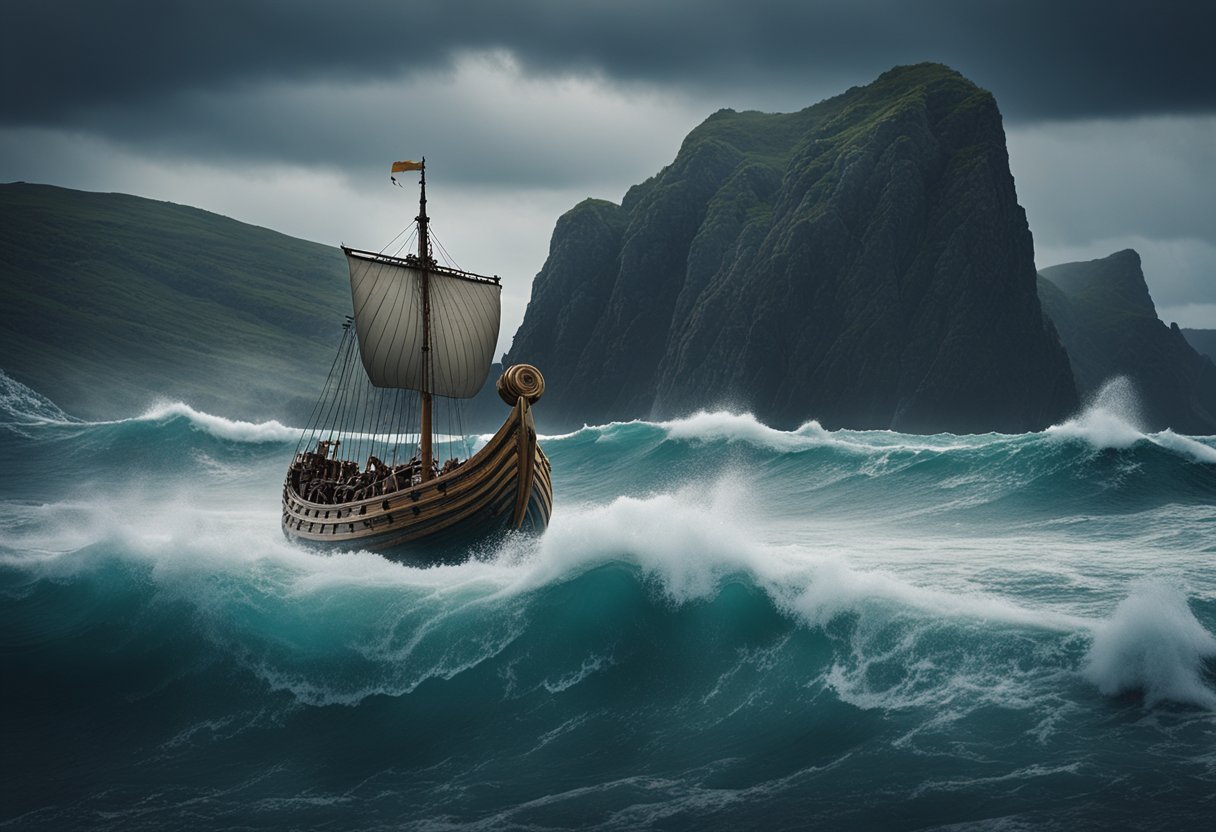 A Viking ship sails through rough seas, with towering cliffs in the background and a stormy sky overhead. The ship's intricate carvings and sturdy construction reflect the craftsmanship of Viking society