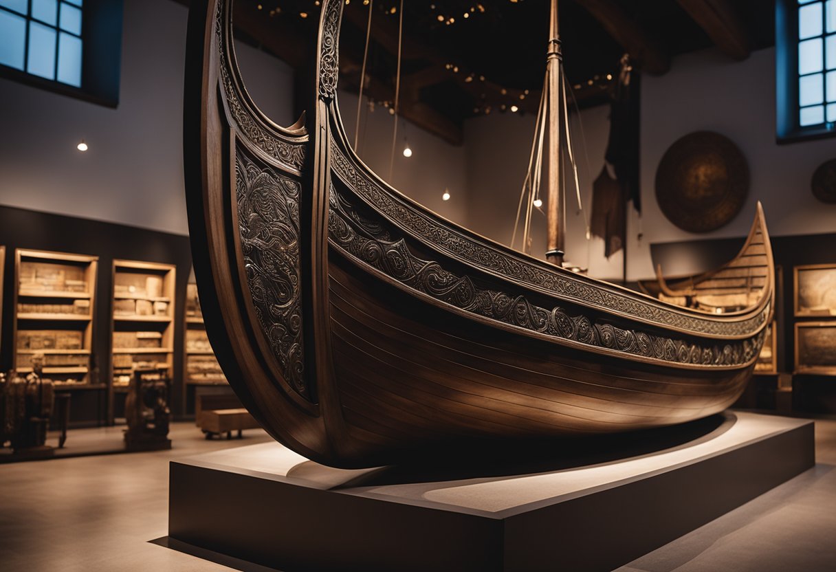 A Viking ship rests in a dimly lit museum hall, surrounded by ancient artifacts and exhibits detailing the history of Viking voyages