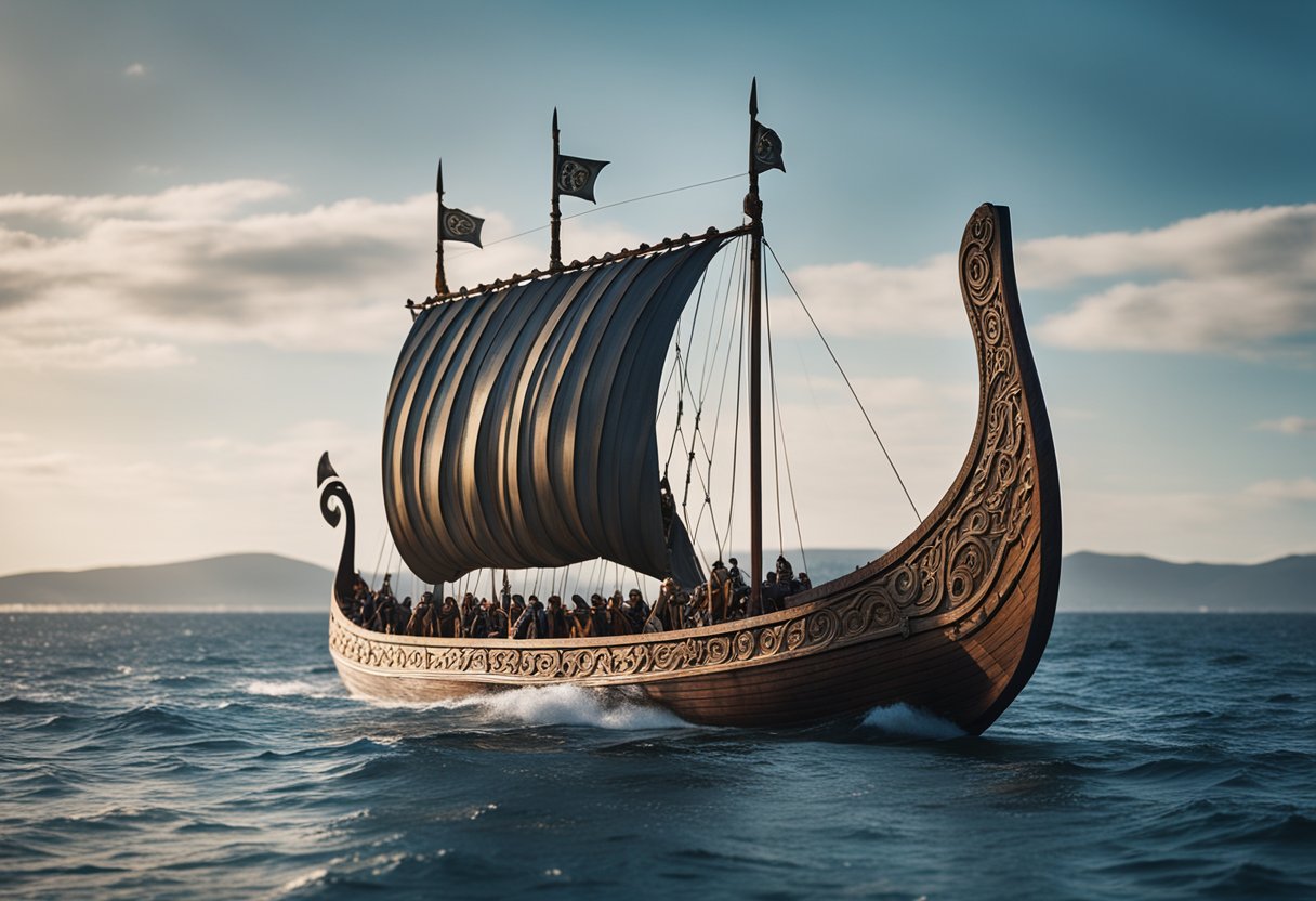 A Viking ship sails across a vast, open sea, its sturdy wooden hull cutting through the water. The ship is adorned with intricate carvings and colorful sails, showcasing the craftsmanship and artistry of the Viking people