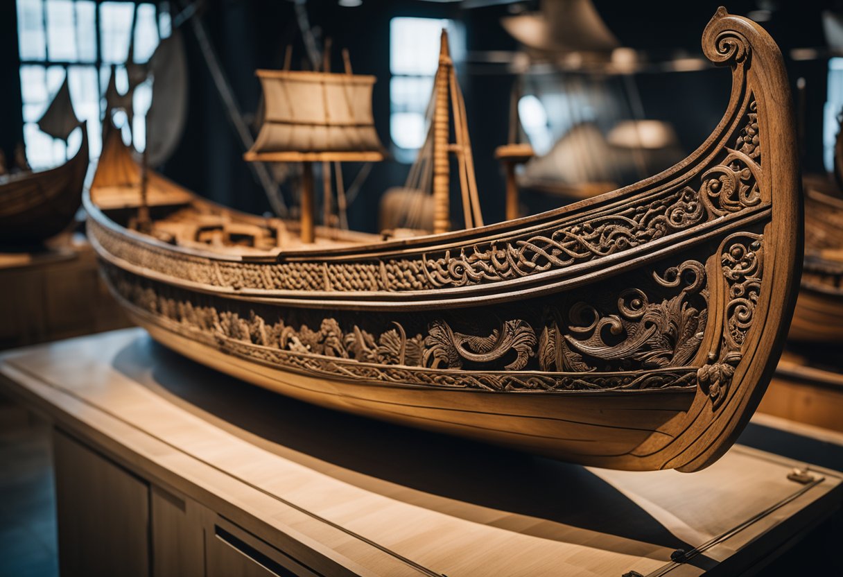 A Viking ship is carefully preserved in a museum, surrounded by experts and tools. The ship's intricate carvings and sturdy construction tell the story of ancient voyages and the challenges of preserving history