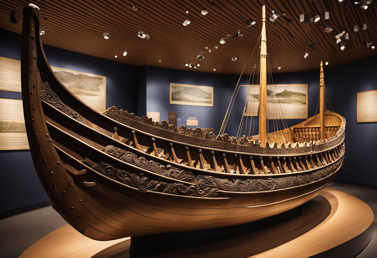 A detailed illustration of the Oseberg ship, surrounded by artifacts and historical context, displayed in the Viking Ship Museum, capturing the significance of the find