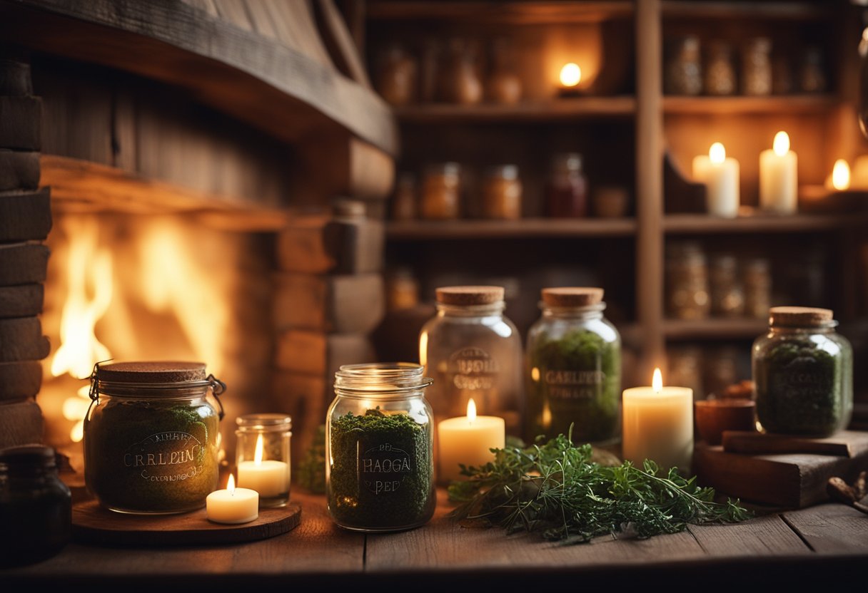 A cozy Irish cottage with shelves of herbs and jars of potions, a crackling fire, and a warm glow from candlelight, creating an atmosphere of ancient healing magic