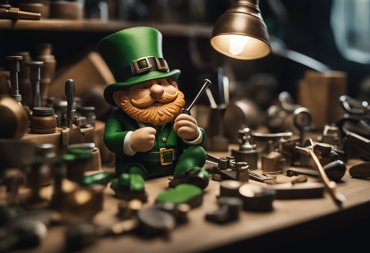 Leprechauns - A leprechaun sits at a workbench, surrounded by tools and materials. He meticulously crafts a tiny shoe, his concentration evident in his furrowed brow and precise movements