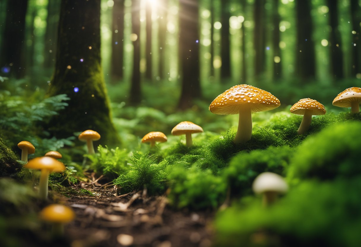 Leprechauns - A lush green forest clearing with tiny doors and windows in the base of trees, surrounded by colorful mushrooms and sparkling streams