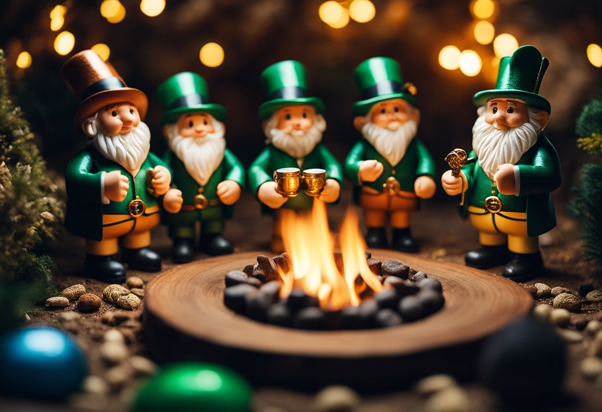 Leprechauns - A group of leprechauns and little people gather around a cozy fire, sharing stories and folklore from their respective cultures. The room is filled with colorful artwork and intricate tapestries depicting scenes from their tales