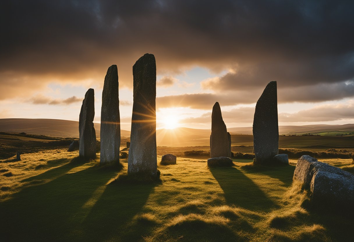 TSacred Stones - he sun sets behind the ancient standing stones, casting long shadows across the mystical landscape of Ireland. The stars begin to twinkle in the darkening sky, as the stones seem to come alive with astronomical significance