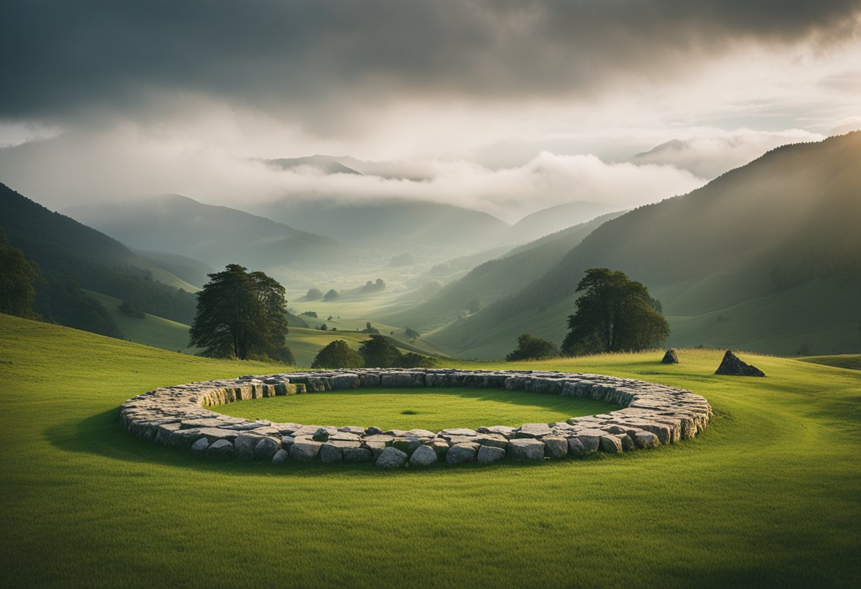 Majestic stone circle stands amidst lush green landscape, with misty mountains in the distance. A sense of ancient mystery and spiritual power emanates from the sacred site