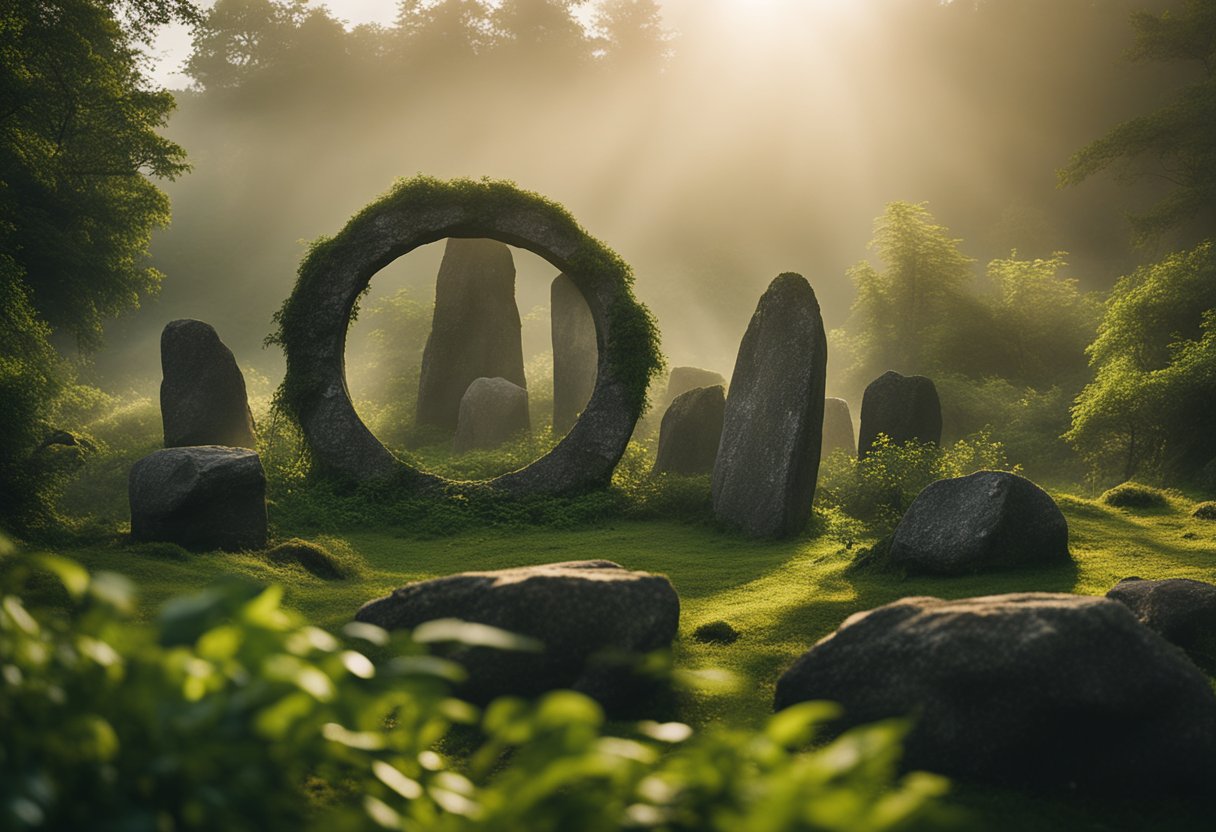 An ancient stone circle stands tall amidst lush greenery, surrounded by mist and a sense of mystery. The sun casts a warm glow on the weathered stones, highlighting their sacred significance