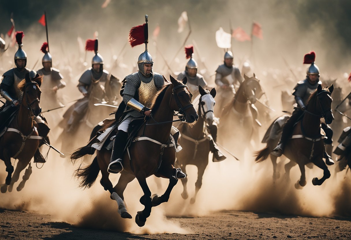 A squadron of Polish Winged Hussars charging into battle with their iconic wings and lances, creating a striking and powerful image of Europe's legendary cavalry
