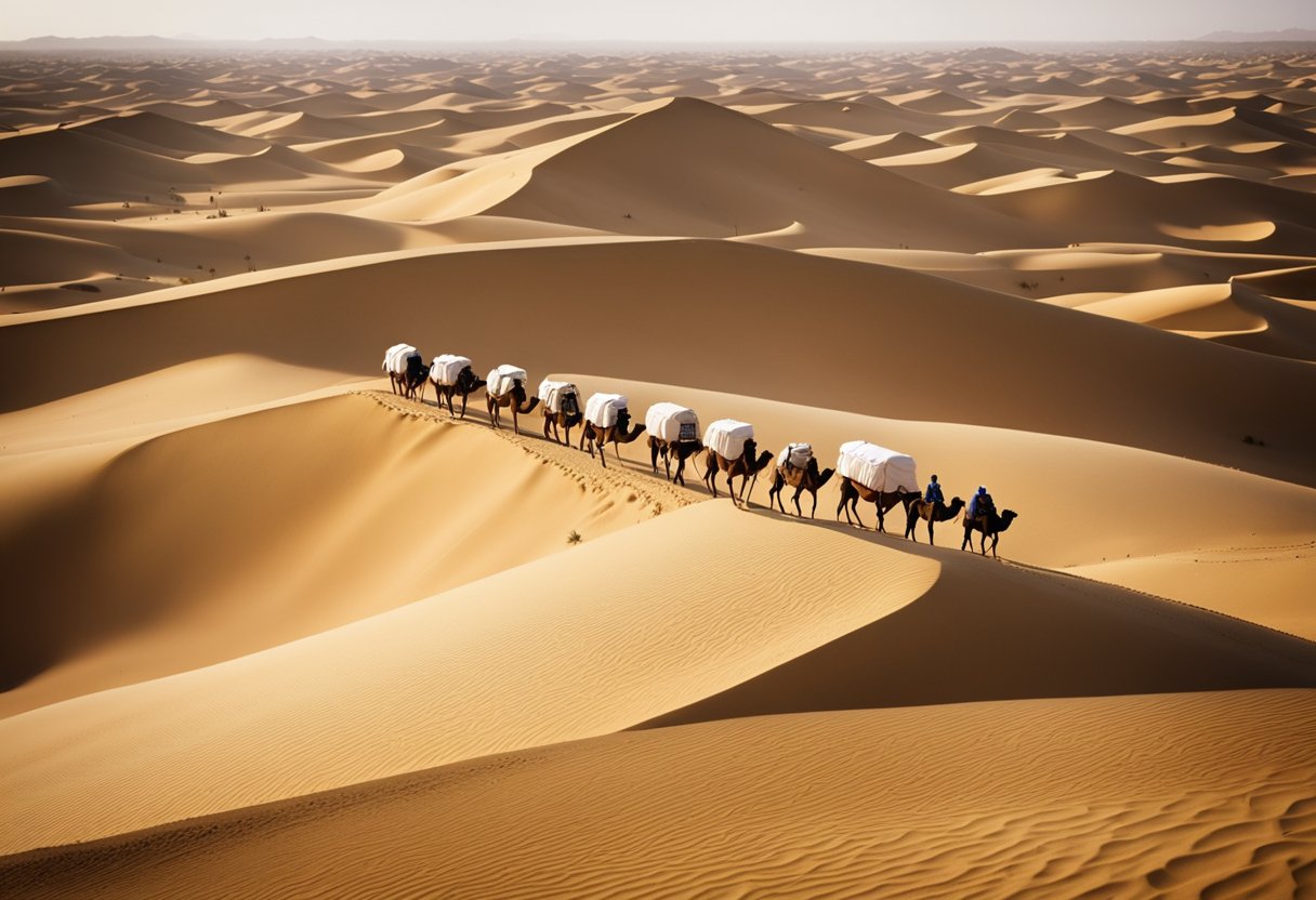 Caravans of camels traverse the vast desert, laden with gold and salt. The sun beats down on the sandy dunes as the traders exchange stories and goods along the ancient trade routes