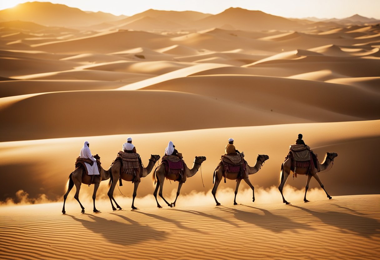 Caravans of camels trek across the vast desert, carrying precious cargo of gold and salt. The sun beats down on the sandy landscape as the trade routes connect distant civilizations