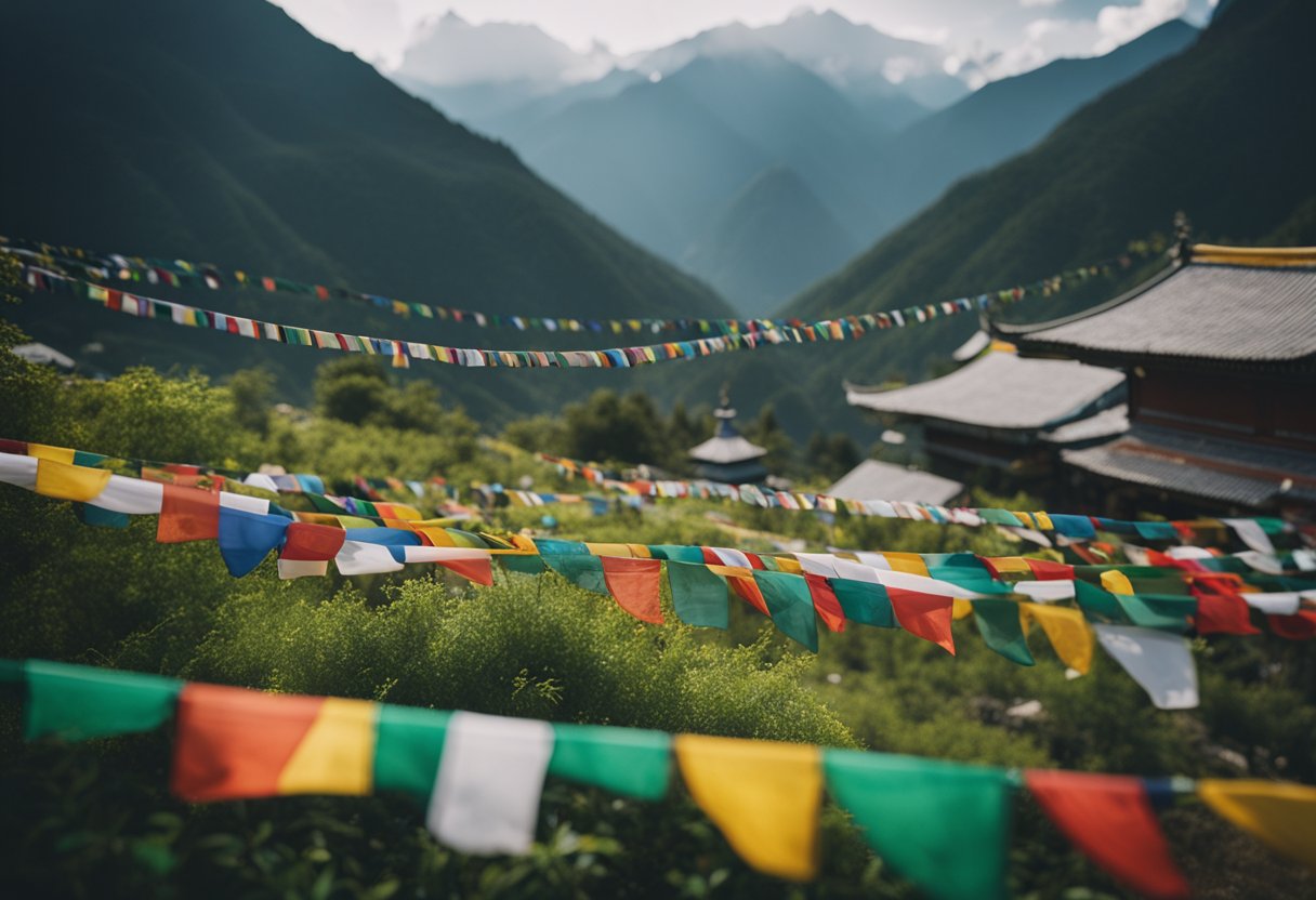 A serene mountain landscape with prayer flags fluttering in the wind, a monastery nestled among the peaks, and a tranquil meditation garden