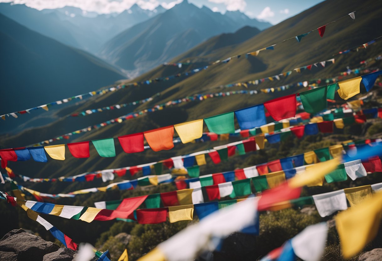 A serene mountain landscape with prayer flags fluttering in the wind, a Tibetan temple nestled among the peaks, and a peaceful atmosphere of spiritual devotion
