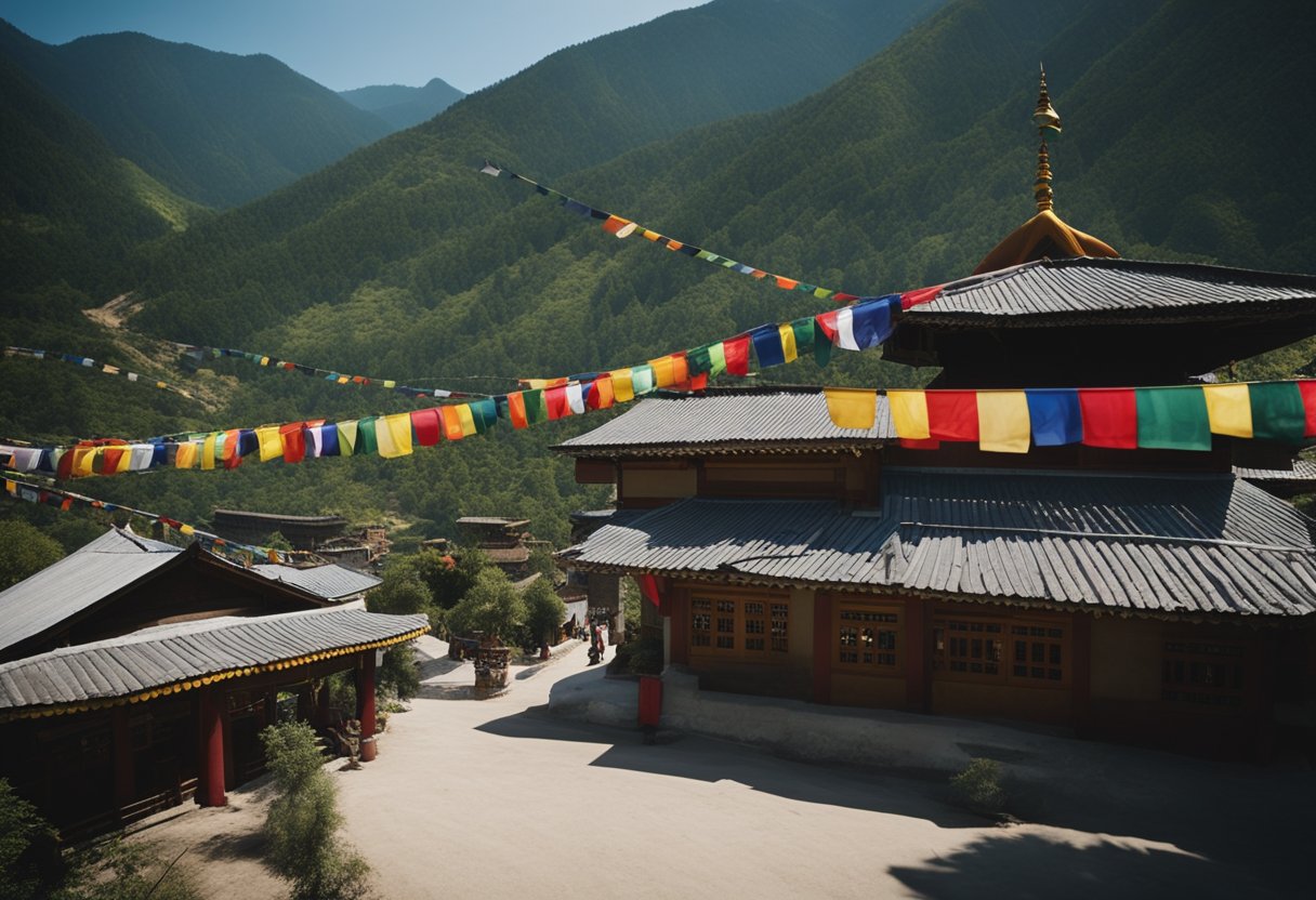 A serene mountain landscape with prayer flags fluttering in the wind, a monastery nestled in the hills, and monks engaged in meditation and chanting