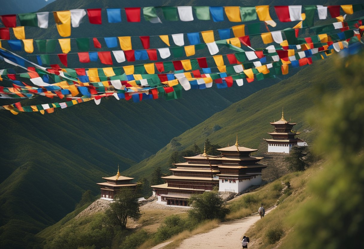 A serene mountain landscape with prayer flags fluttering in the wind, a monastery perched on a hill, and monks engaged in prayer and meditation