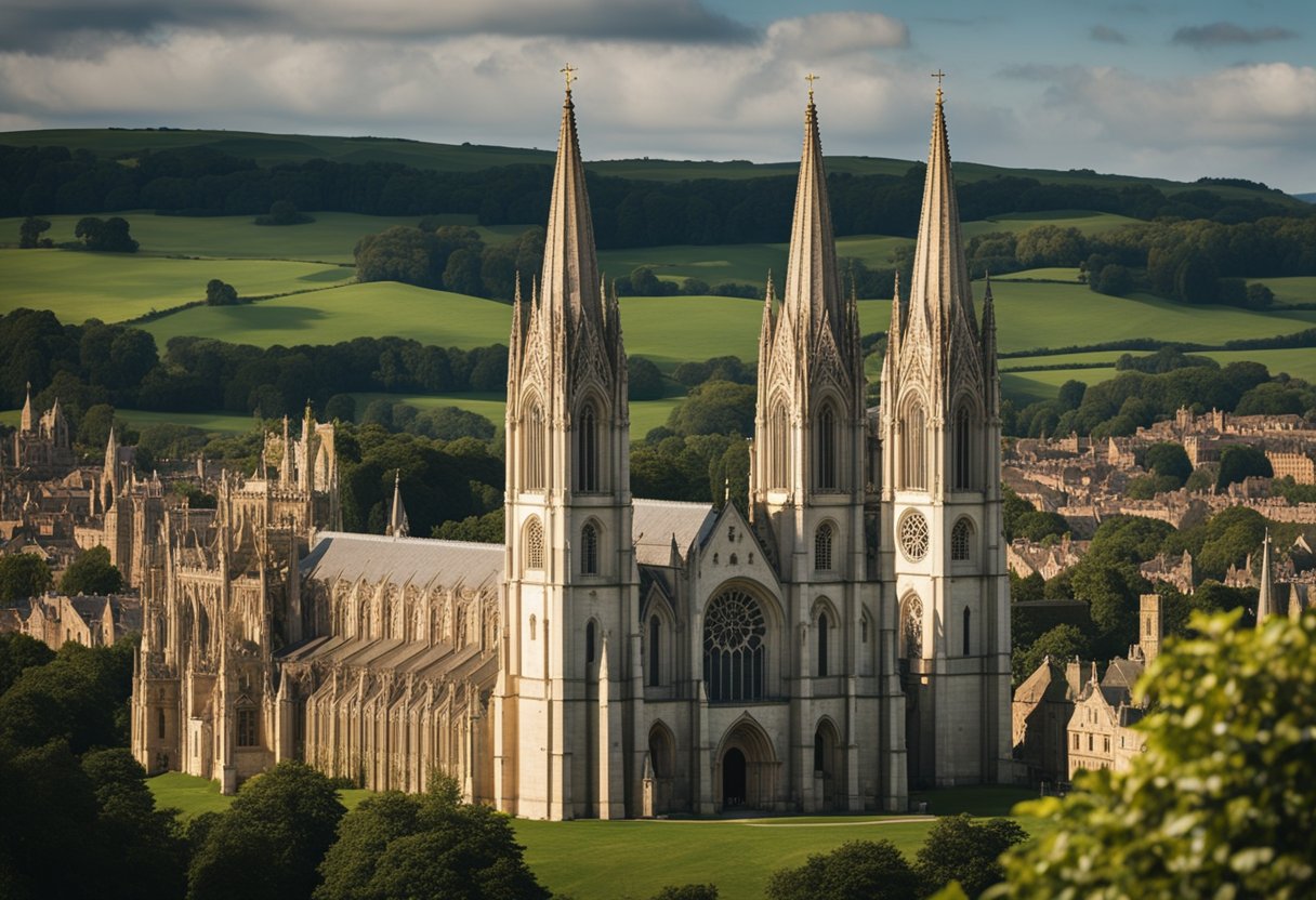 A grand cathedral rises against a backdrop of rolling green hills, adorned with intricate carvings and towering spires, showcasing the influence of Renaissance art and architecture in the British Isles
