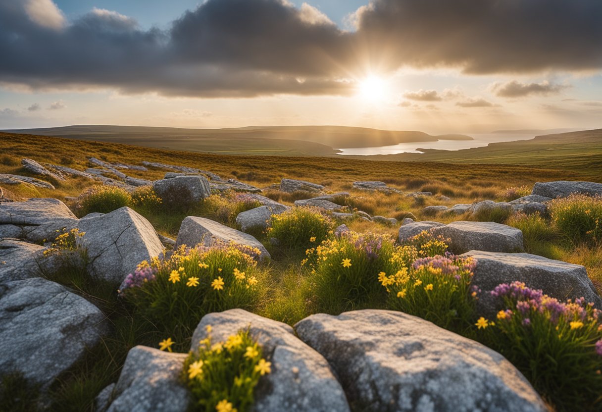The Burren - The sun casts a warm glow over the rugged limestone terrain of The Burren. Wildflowers bloom amid the rocky landscape, showcasing the conservation efforts to preserve this unique and ancient environment