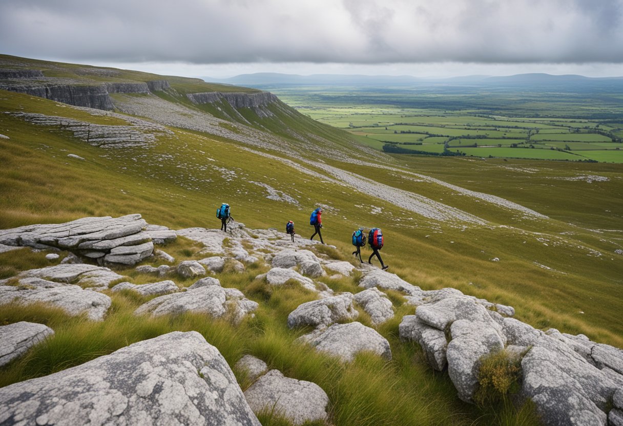 The Burren - Hikers traverse rocky paths, cyclists navigate winding roads, and birdwatchers scan limestone outcrops in The Burren. The landscape is dotted with wildflowers, and the horizon is dominated by dramatic limestone formations