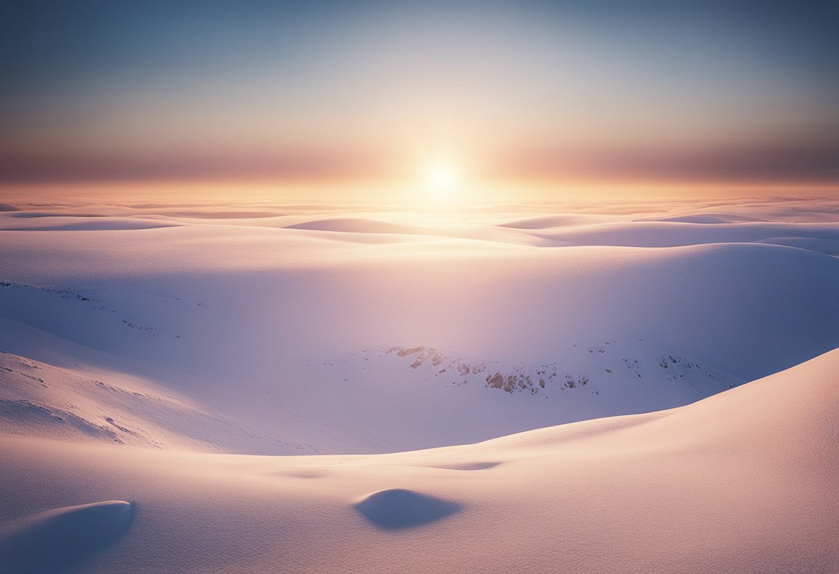 A serene Arctic landscape with a glowing sun hovering above the horizon, casting a soft golden light over the snow-covered terrain. The sky is a gradient of warm hues, transitioning from pink to deep blue