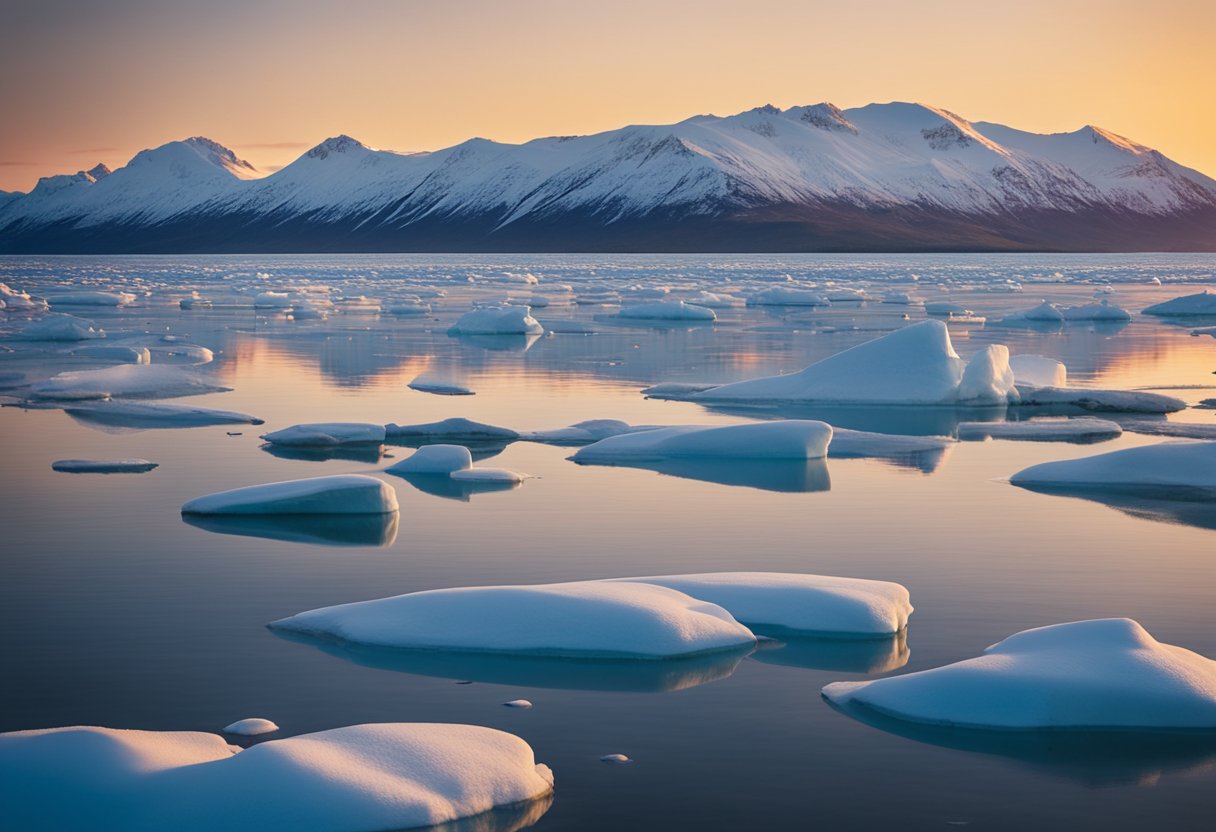 A serene Arctic landscape bathed in continuous daylight, with snow-capped mountains, a calm ocean, and a colorful sky illuminated by the never-setting sun