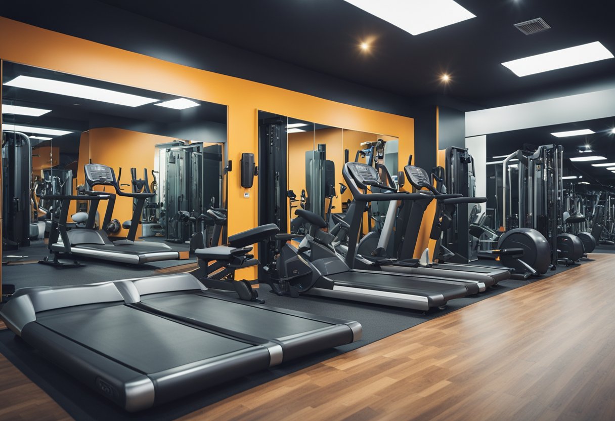 A modern gym with sleek equipment and vibrant colors, filled with people exercising and trainers assisting. Mirrors line the walls, reflecting the energy and determination of the fitness culture