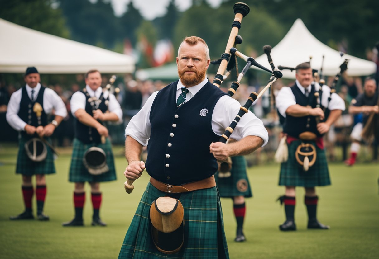 Scottish Clans - Highland Games: Caber toss, hammer throw, and bagpipe music at historic clan sites