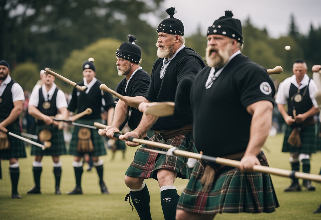 Scottish Clans - Athletes tossing cabers, throwing hammers, and competing in tug-of-war at a Highland Games event. Bagpipers play in the background as spectators cheer on the competitors