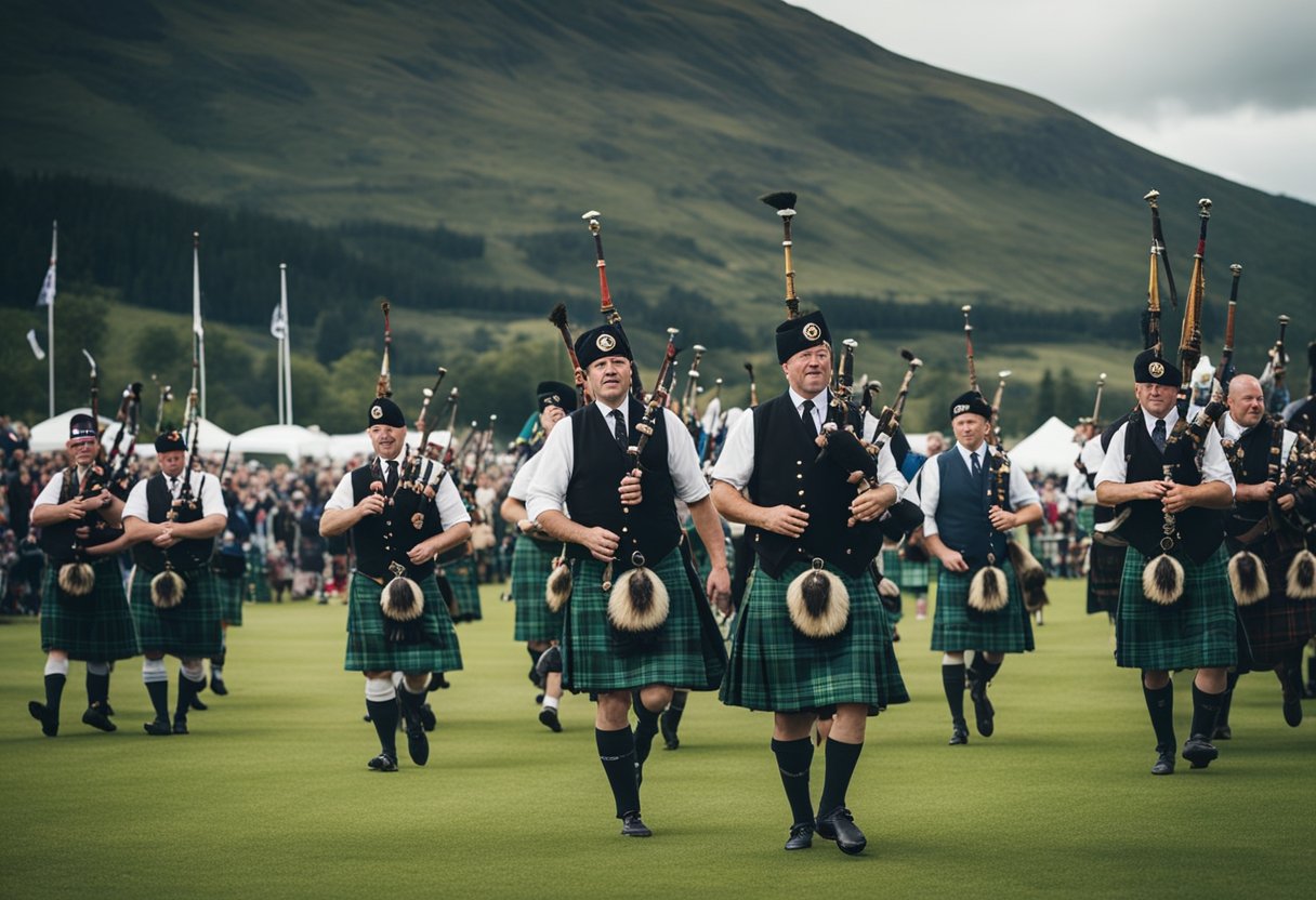 Scottish Clans - A Scottish castle stands proudly on a green hill, surrounded by rolling hills and a misty loch. Bagpipers play in the distance as visitors explore the ancient ruins and learn about the rich history of the Scottish clans