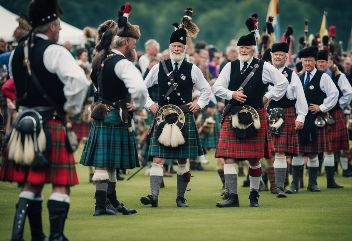 Scottish Clans - A group of Scottish clans gather at a Highland Games, wearing their traditional regalia and Scottish dress. The scene is filled with vibrant tartans, kilts, and other symbols of their heritage