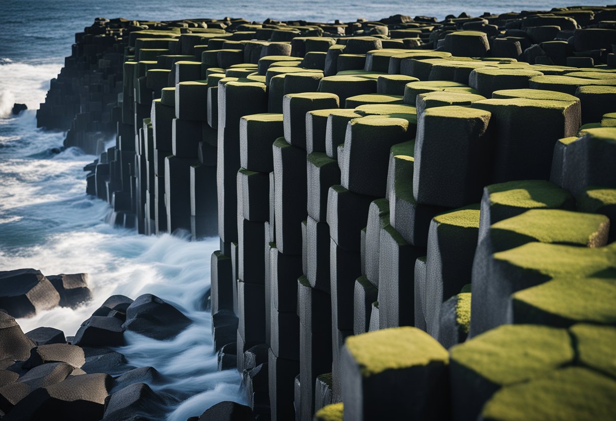 The Giant’s Causeway: Hexagonal basalt columns rise from the sea, forming the Giants Causeway. Waves crash against the rugged coastline, creating a dramatic and awe-inspiring scene