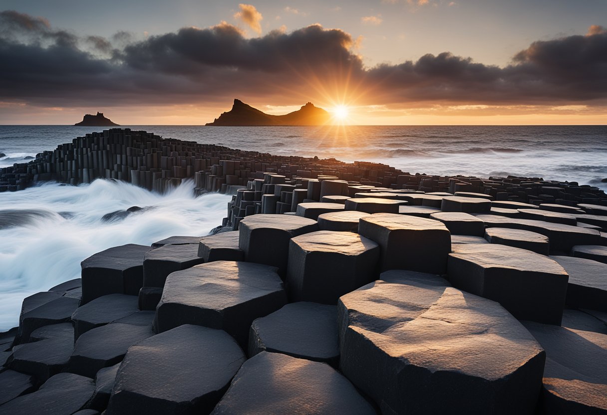 The Giant’s Causeway: The sun sets over the hexagonal basalt columns at the Giants Causeway, with crashing waves and distant cliffs, capturing the geological wonder and folklore of the iconic tourist destination
