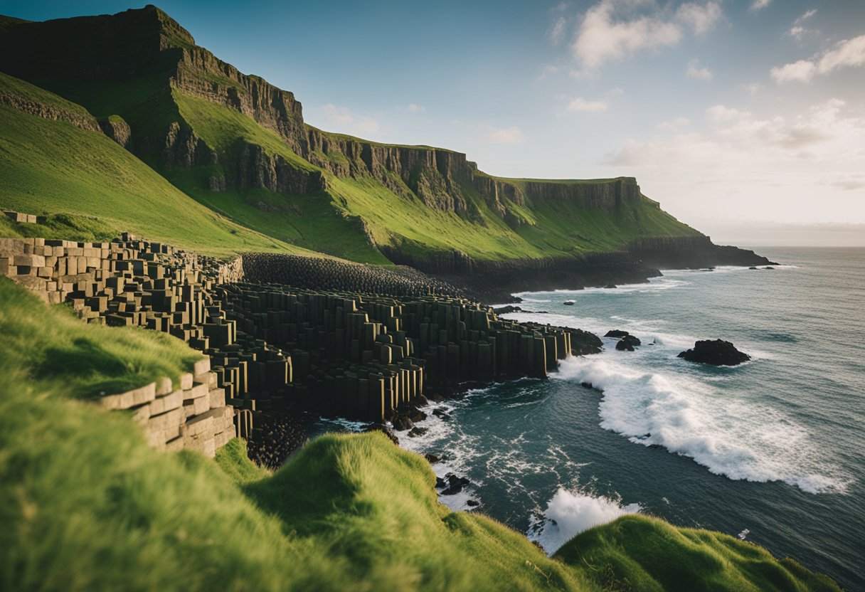 The Giants Causeway: hexagonal columns rise from the sea, surrounded by lush green cliffs and crashing waves. Folklore meets geology in a stunning display of natural wonder