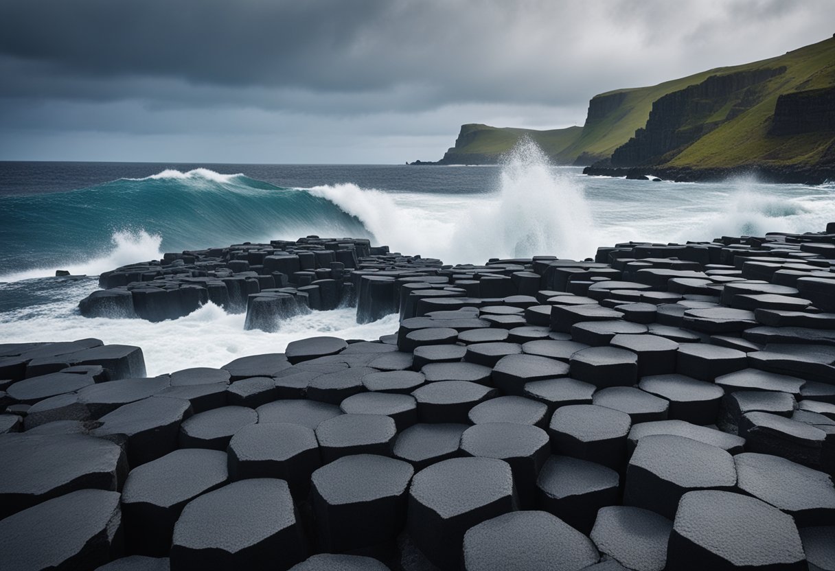 The Giant’s Causeway: Hexagonal basalt columns rise from the sea, forming a natural causeway. Waves crash against the rugged coastline, creating a dramatic and awe-inspiring scene
