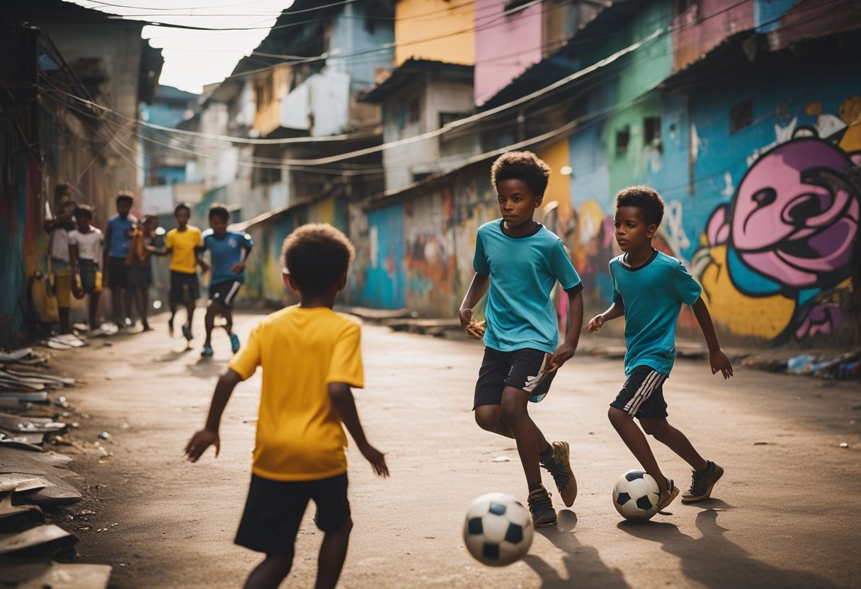 Children playing soccer in a colorful favela alley, surrounded by vibrant street art and lively music. A sense of resilience and community spirit is palpable in the air
