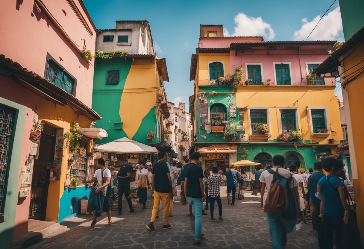 Colorful buildings line narrow streets, adorned with vibrant murals. Music fills the air as locals gather in the bustling market. A sense of resilience and community spirit permeates the scene
