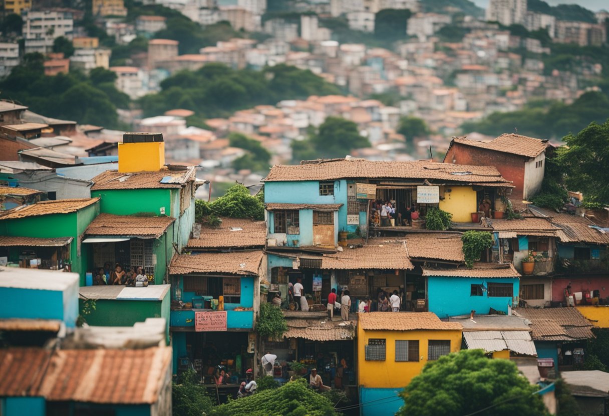 Vibrant favela rooftops overlook a bustling street market, filled with colorful murals, music, and lively community gatherings