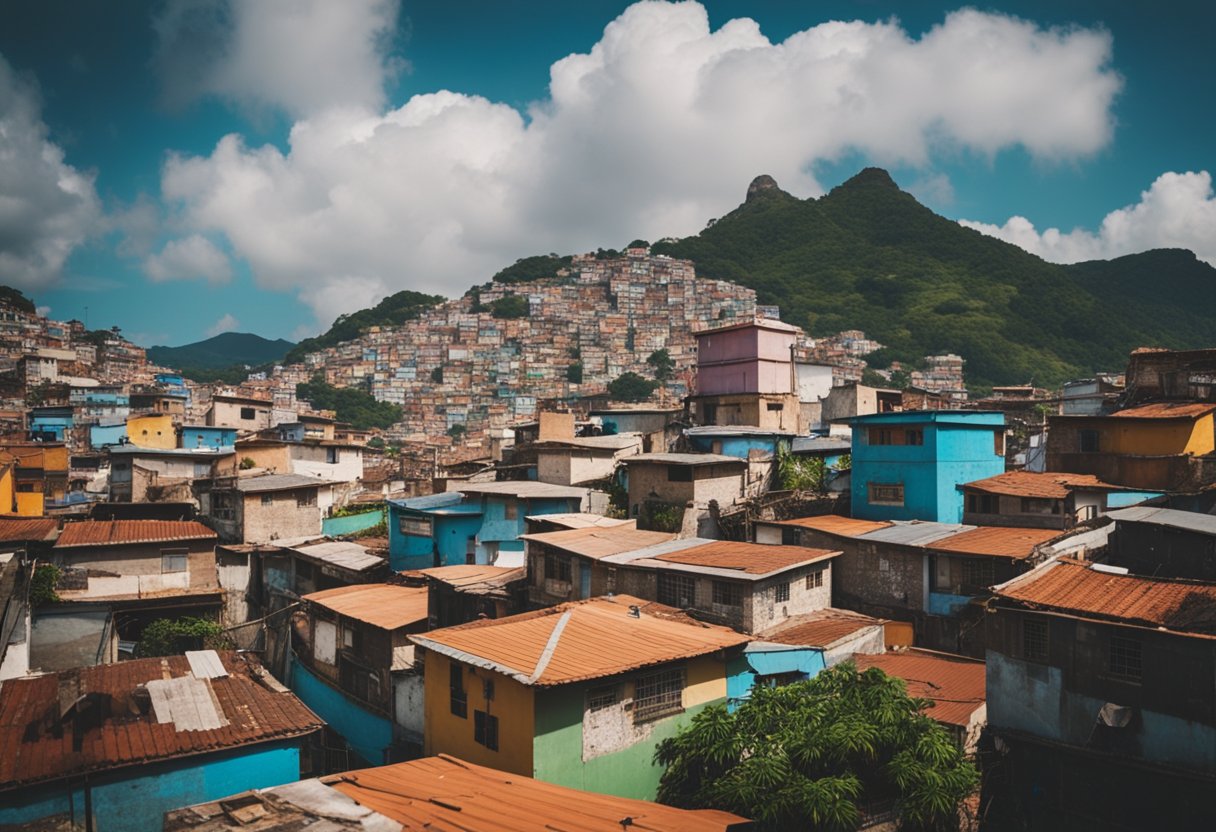 Colorful favela rooftops overlook a bustling street filled with music, art, and vibrant energy. The scene is alive with resilience and creativity