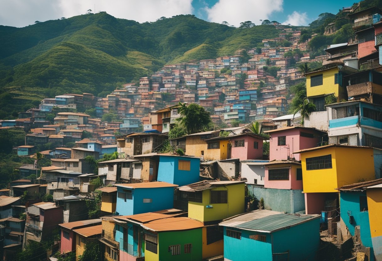 A bustling favela with colorful homes stacked on steep hills, vibrant street art, and lively music filling the air, showcasing the resilience and creativity of the community