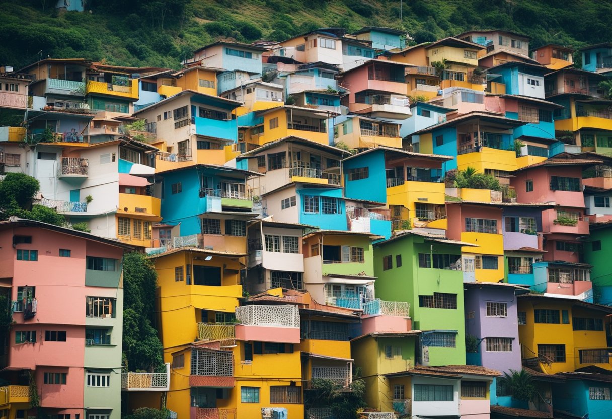 Colorful houses cascade down the hills, with vibrant street art and music filling the air. A sense of resilience and community is palpable in the bustling favelas of Brazil