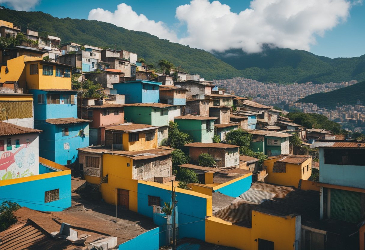 Vibrant favela rooftops contrast with the surrounding city skyline. Music fills the air, while colorful graffiti murals adorn the buildings, depicting the resilience and creativity of the community