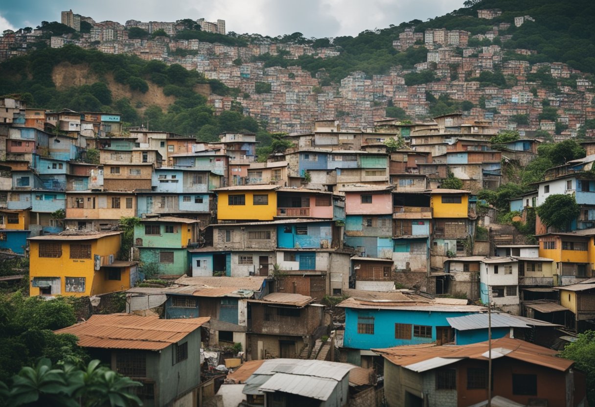 A bustling favela with colorful murals, lively music, and communal gatherings amidst poverty and infrastructure challenges