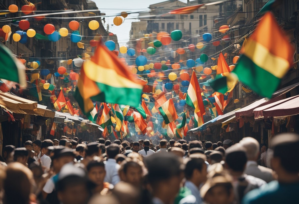 Vibrant colors fill the streets, symbolizing cultural traditions and social movements. Flags, banners, and costumes create a lively and diverse atmosphere