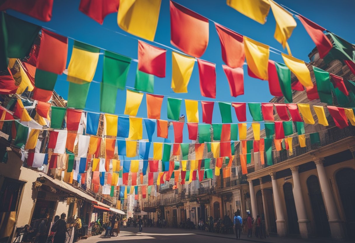 Colorful flags and banners flutter in the wind, adorning buildings and streets. Vibrant hues symbolize cultural traditions and bring life to festive celebrations