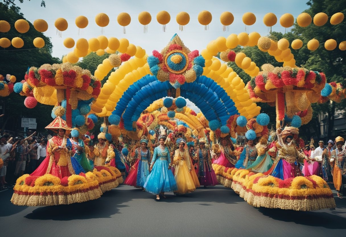 A vibrant parade of colorful floats and costumes representing diverse cultural traditions and festivals